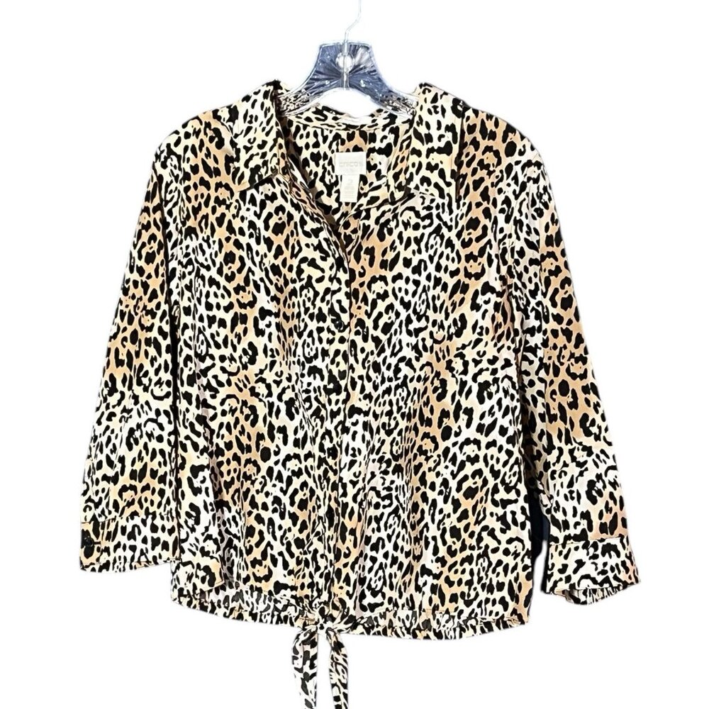 Chico’s Leopard Print Blouse, Size 2 cotton button front tie